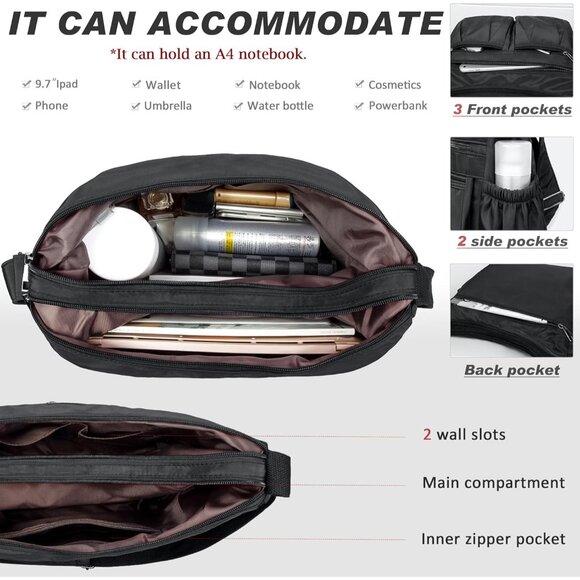 Women Black-l Nylon Water Resistant Anti Theft Travel Crossbody Shoulder Bag - Picture 4 of 7